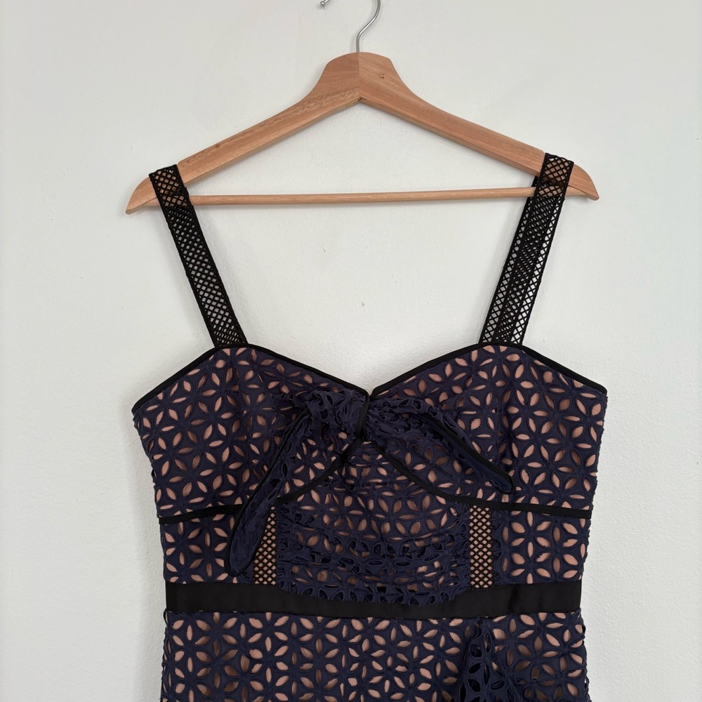 Self-Portrait || Broderie Floral Petal Mini Dress Eyelet Lace Ruffle Navy Blue 8 - Picture 3 of 13